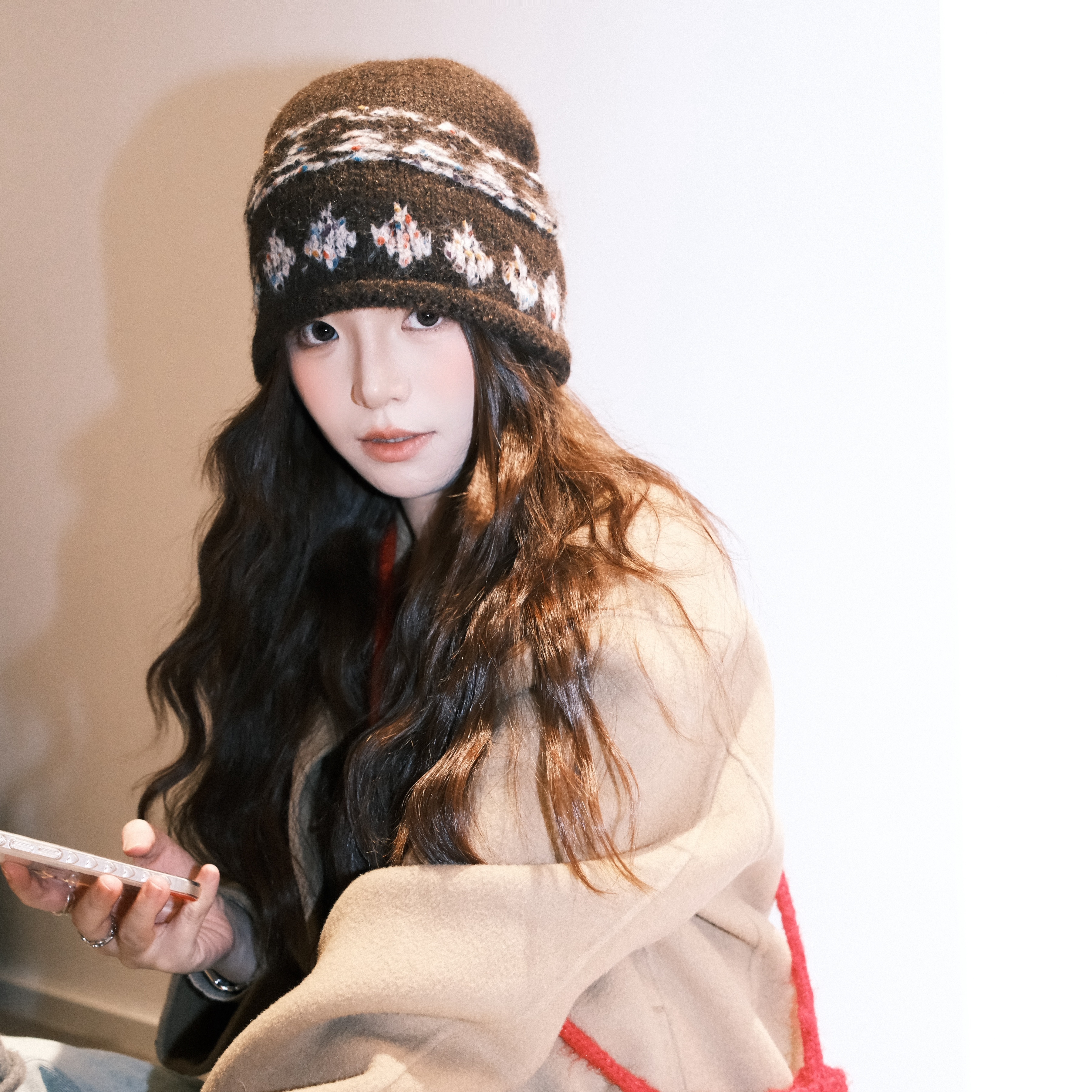 冰岛提花藏青卷边针织帽日系复古文艺小众包头保暖毛线帽冷帽女