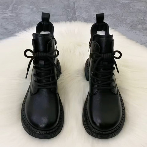 真皮马丁靴女小圆头软底春秋单靴