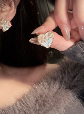 珐琅滴油不对称耳环女莫奈花园油画风个性设计珍珠耳钉耳夹无耳洞
