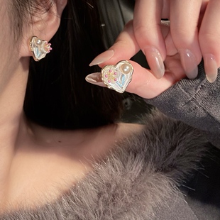 珐琅滴油不对称耳环女莫奈花园油画风个性设计珍珠耳钉耳夹无耳洞