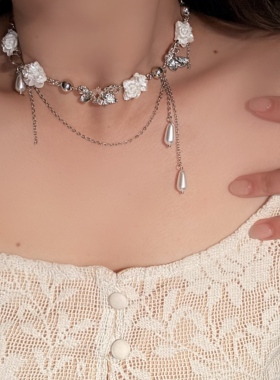 法式白色茉莉花朵蝴蝶项链女珍珠流苏吊坠颈链轻奢高级感锁骨链