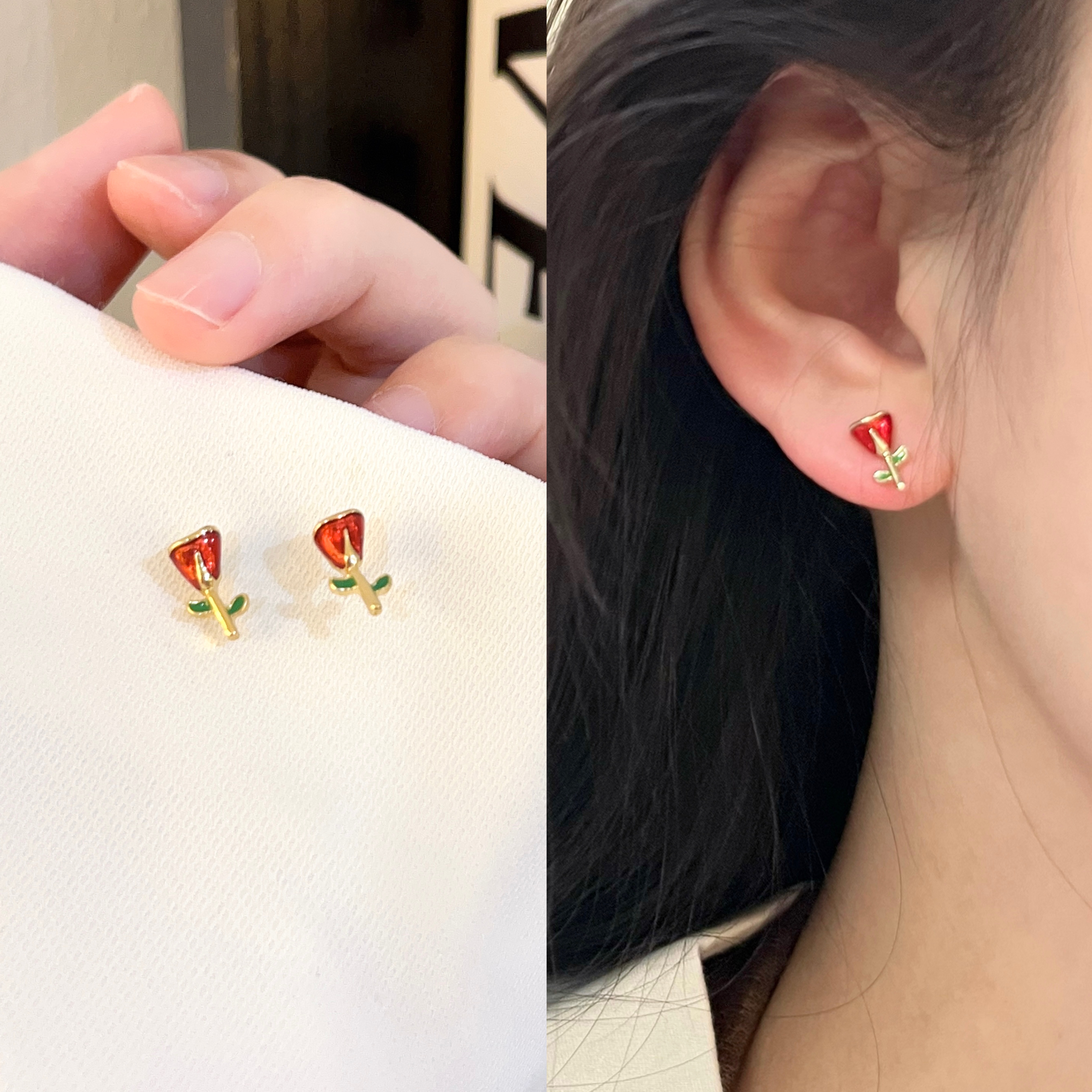 法式玫瑰花mini小耳钉