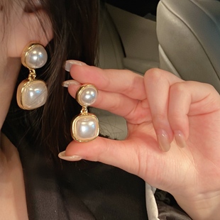 复古港风气质几何方形珍珠耳钉女精致名媛经典冷淡风新潮耳环耳夹