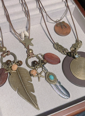 新中式禅意古铜羽毛项链女波西米亚民族风双层叠戴长款毛衣链配饰