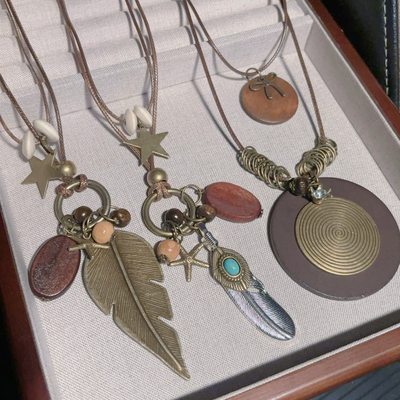 新中式禅意古铜羽毛项链女波西米亚民族风双层叠戴长款毛衣链配饰