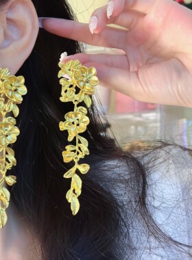 法式金色花朵流苏耳环
