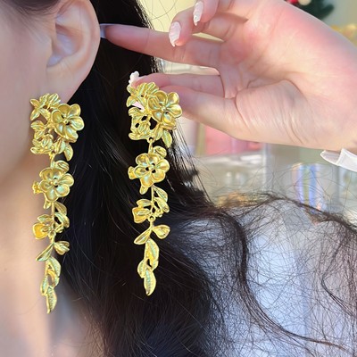 法式金色花朵流苏耳环
