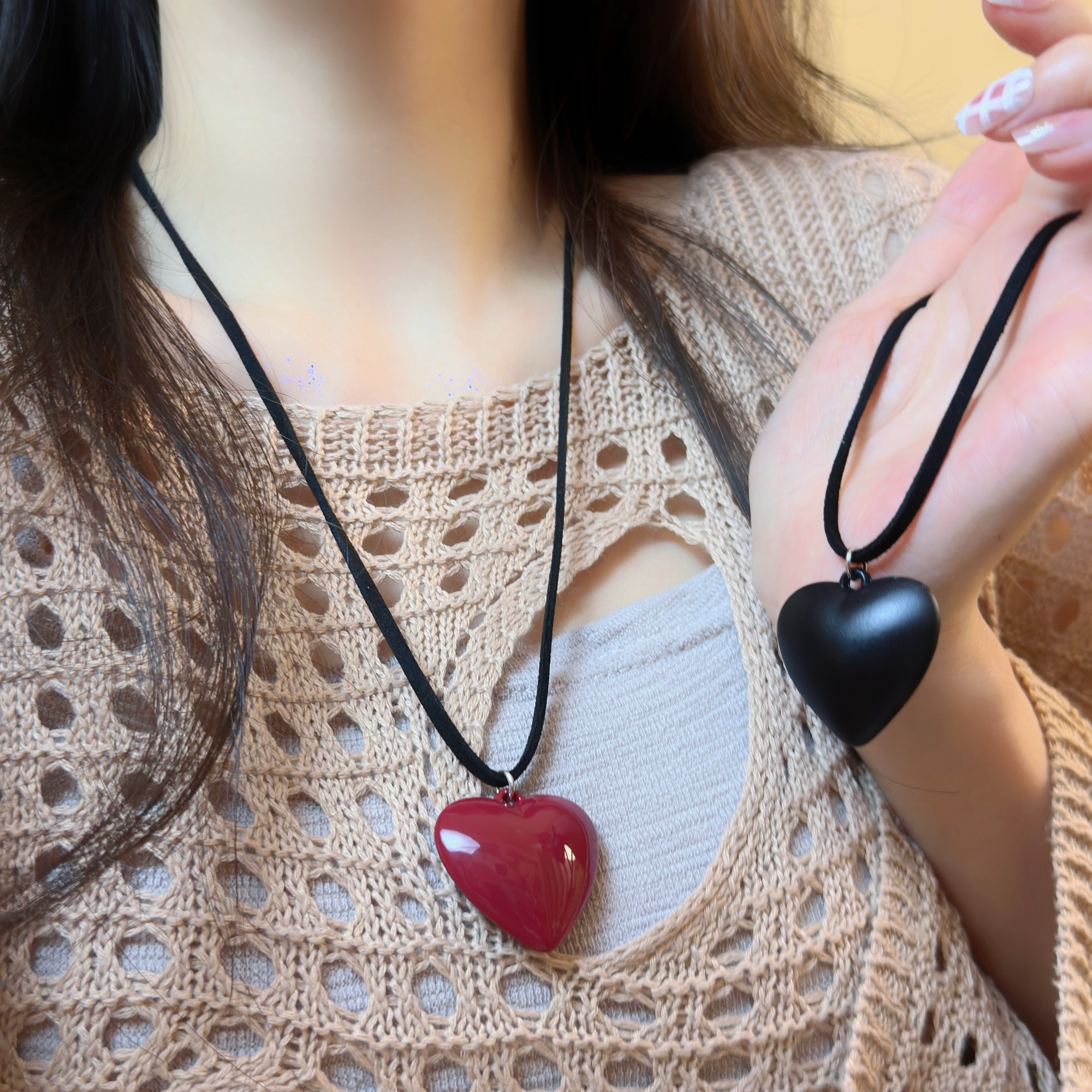 韩国博主同款爱心吊坠项链女甜酷辣妹风毛衣链抽绳可调节颈链配饰