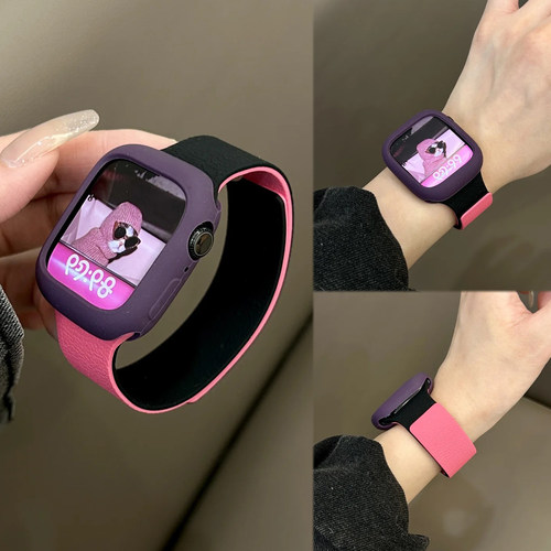 适用iWatchs11拼色荔枝纹硅胶磁吸表带苹果AppleWatchS1098se高级