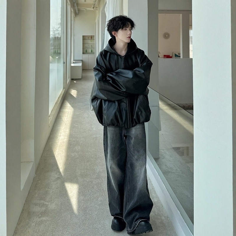 美式复古黑色连帽皮衣外套男秋冬款高级感痞帅宽松皮夹克棒球服
