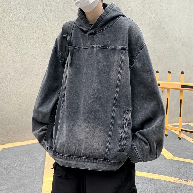 美式高街复古休闲牛仔外套情侣外套夹克连帽水洗百搭宽松潮牌卫衣