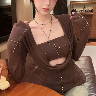 美式辣妹性感低胸v领上衣女秋冬打底衫内搭叠穿抹胸两件套可外穿