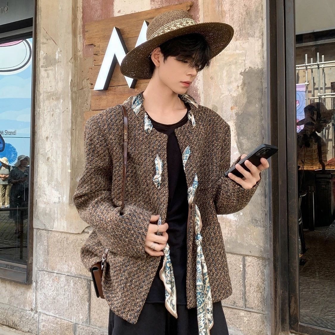 小香风外套男设计感丝巾轻奢风西装高级感痞帅垫肩上衣老钱风男装