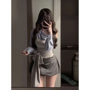 少女的轻盈 蝴蝶结绑带一字肩斜肩收腰衬衫+抽褶花苞裙裤套装女