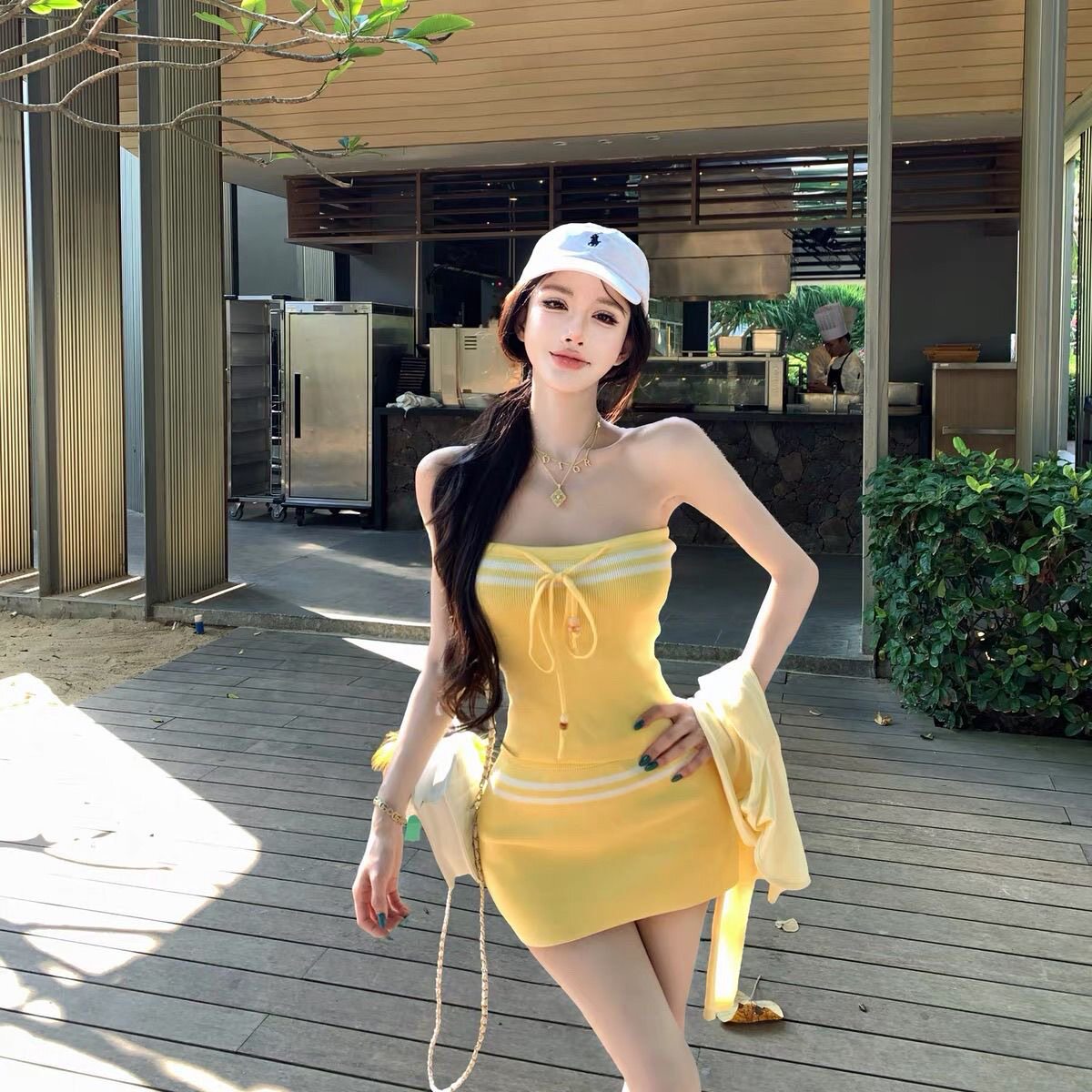 韩系条纹抹胸包臀裙两件套女2026夏季新款辣妹风修身显瘦针织套装