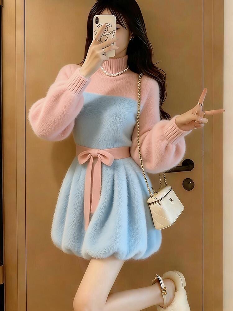 温柔风富家千金撞色拼接收腰针织连衣裙女小个子显瘦长袖甜美裙子