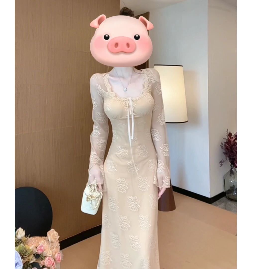 秋季新款纯欲蕾丝长袖连衣裙女修身紧身鱼尾裙气质喇叭袖包臀裙子