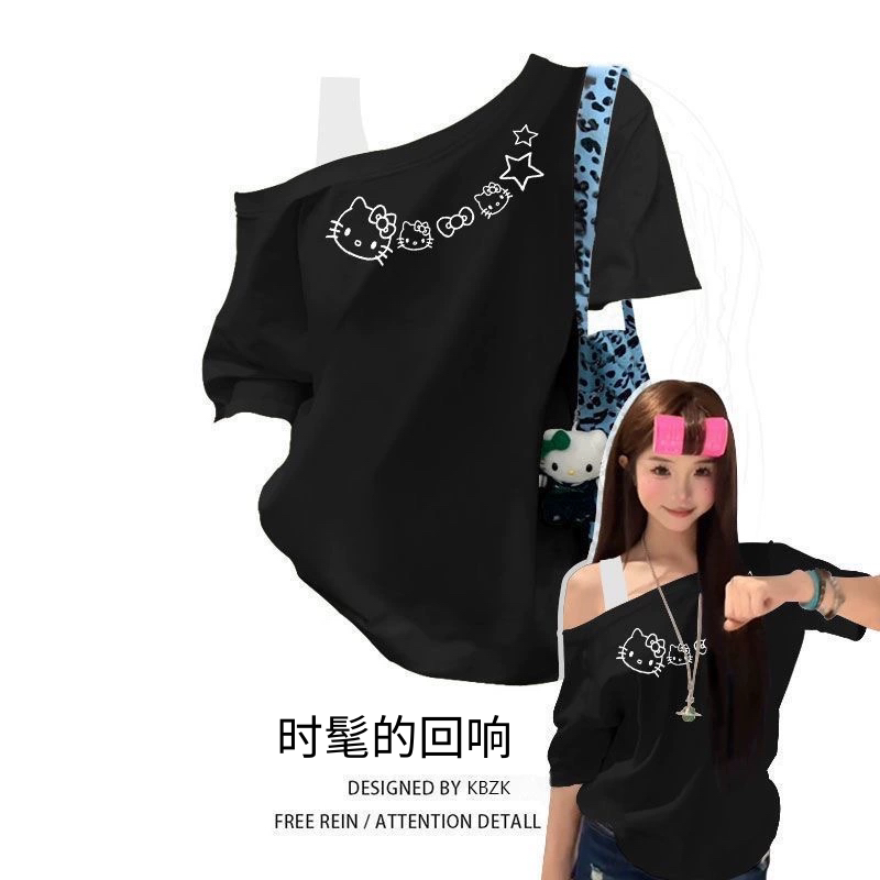 纯棉斜肩上衣2026爆款设计感假两件自带肩带短袖t恤女小众宽松版