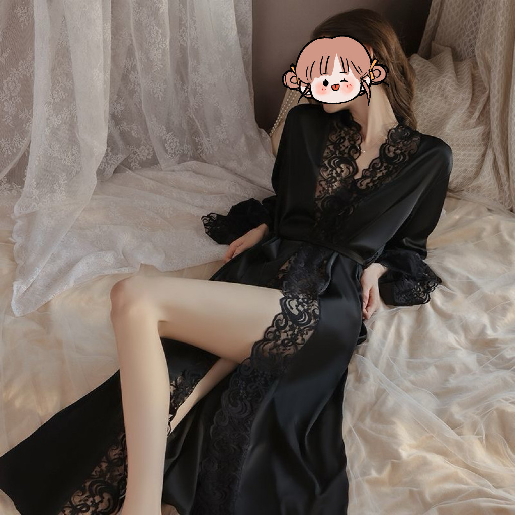 性感睡衣浴袍睡袍时尚长袖新款冰丝夏季长款宫廷蕾丝家居服晨袍