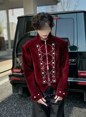 天星丝绒细闪外套男款春设计感小众垫肩立领夹克潮
