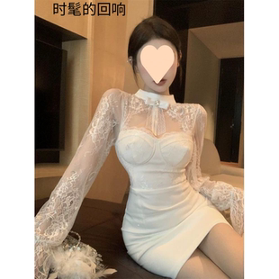 大码法式性感气质纯欲辣妹蕾丝纯欲风修身拼接显瘦镂空长袖连衣裙