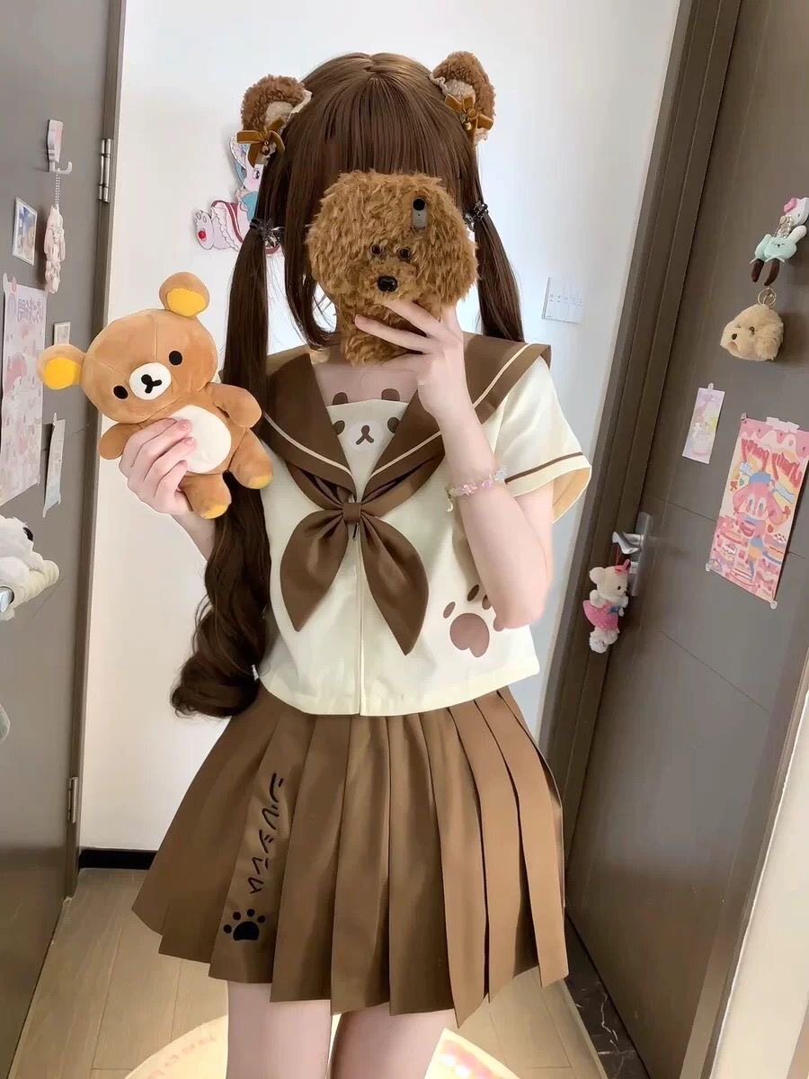 日系可爱卡通印花长袖T恤女宽松休闲百搭上衣高腰半身裙两件套