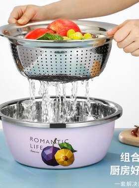 不锈钢加厚食品级彩色盆家用圆形厨房盆子汤盆打蛋和面沥水洗菜盆