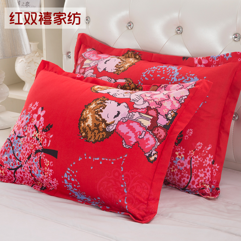 枕套单人48 74cm斜纹布红色卡通情侣拉链式枕头罩磨毛一对装包邮