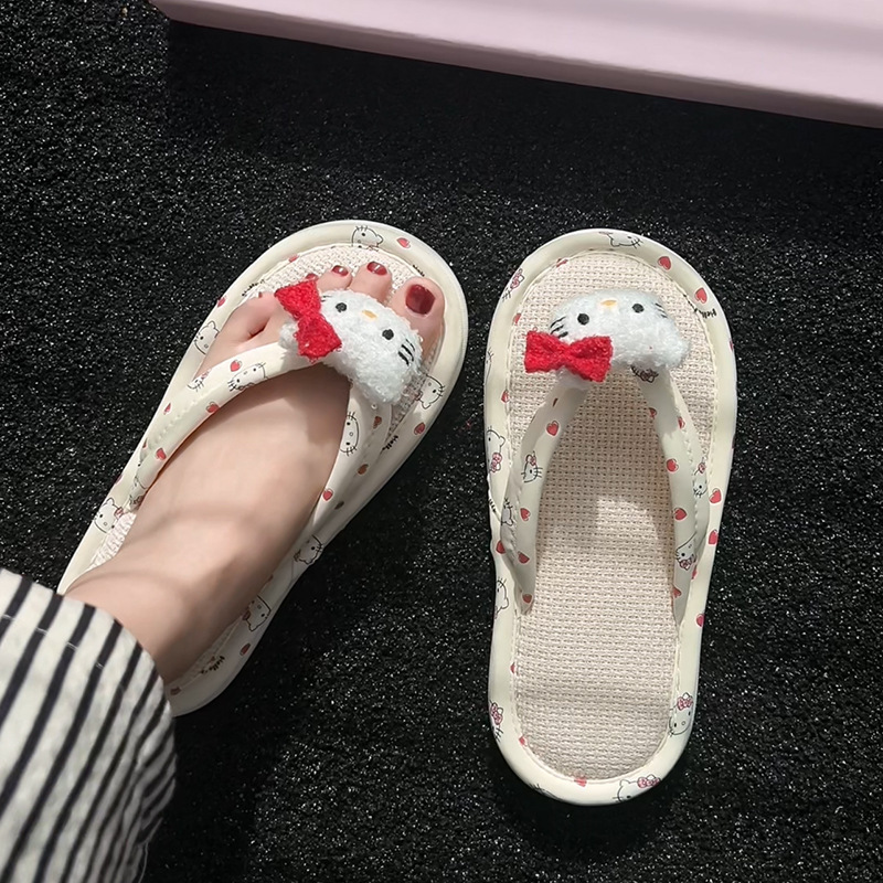 hellokitty人字拖亚麻拖鞋外穿室内家居夏季凉拖鞋百搭韩系亚麻拖