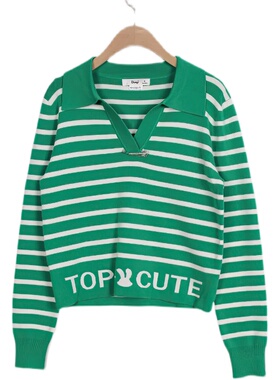 朵以2023春秋新款甜美学院风翻领针织衫时尚条纹毛衣女38DC518039