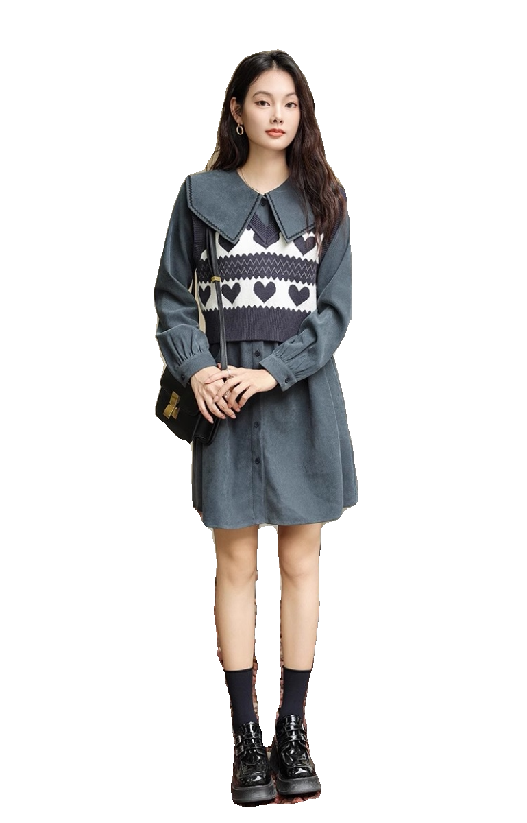 朵以2023秋冬新款减龄气质针织背心娃娃领连衣裙两件套37dd830061