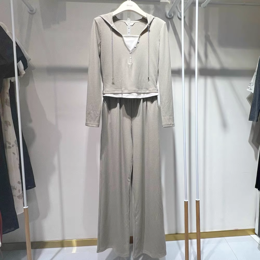 朵以2024秋装新款韩版假两件连帽针织上衣阔腿裤套装39BQ847075