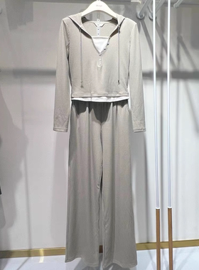 朵以2024秋装新款韩版假两件连帽针织上衣阔腿裤套装39BQ847075