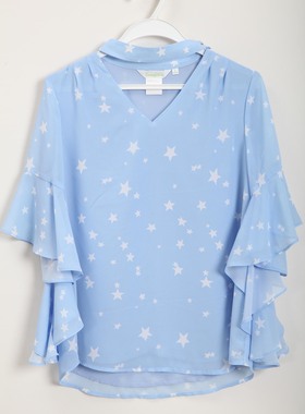 朵以夏装特价时尚甜美气质V领雪纺衫梭织上衣荷叶袖34DX112127