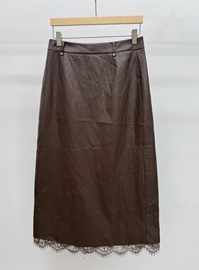 朵以2025冬装新款时尚气质蕾丝拼接PU皮半身裙中长裙40DD628005