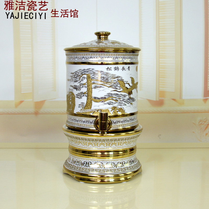 储水罐陶瓷镀金冷水缸陶瓷小水缸饮水机酒罐带龙头防爆耐高温
