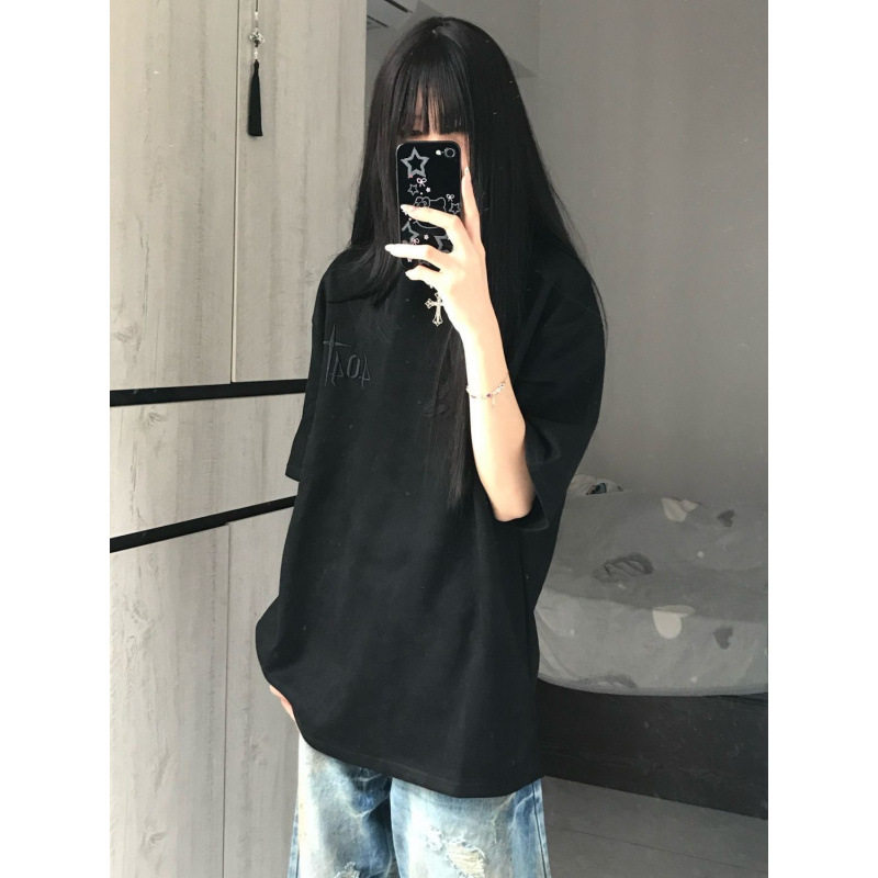 OUNI夏季休闲简约刺绣字母短袖女
