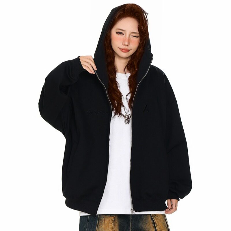 OUNI连帽卫衣女秋季新款简约拉链光板上衣男女宽松休闲情侣外套女