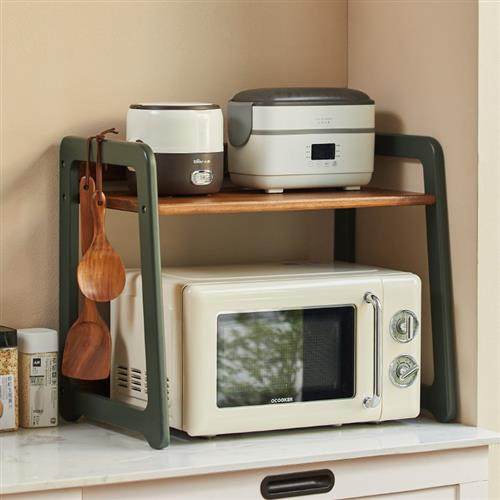 那澜多好厨房置物架微波炉架实木台面双层调料品碗盘烤箱收纳架子