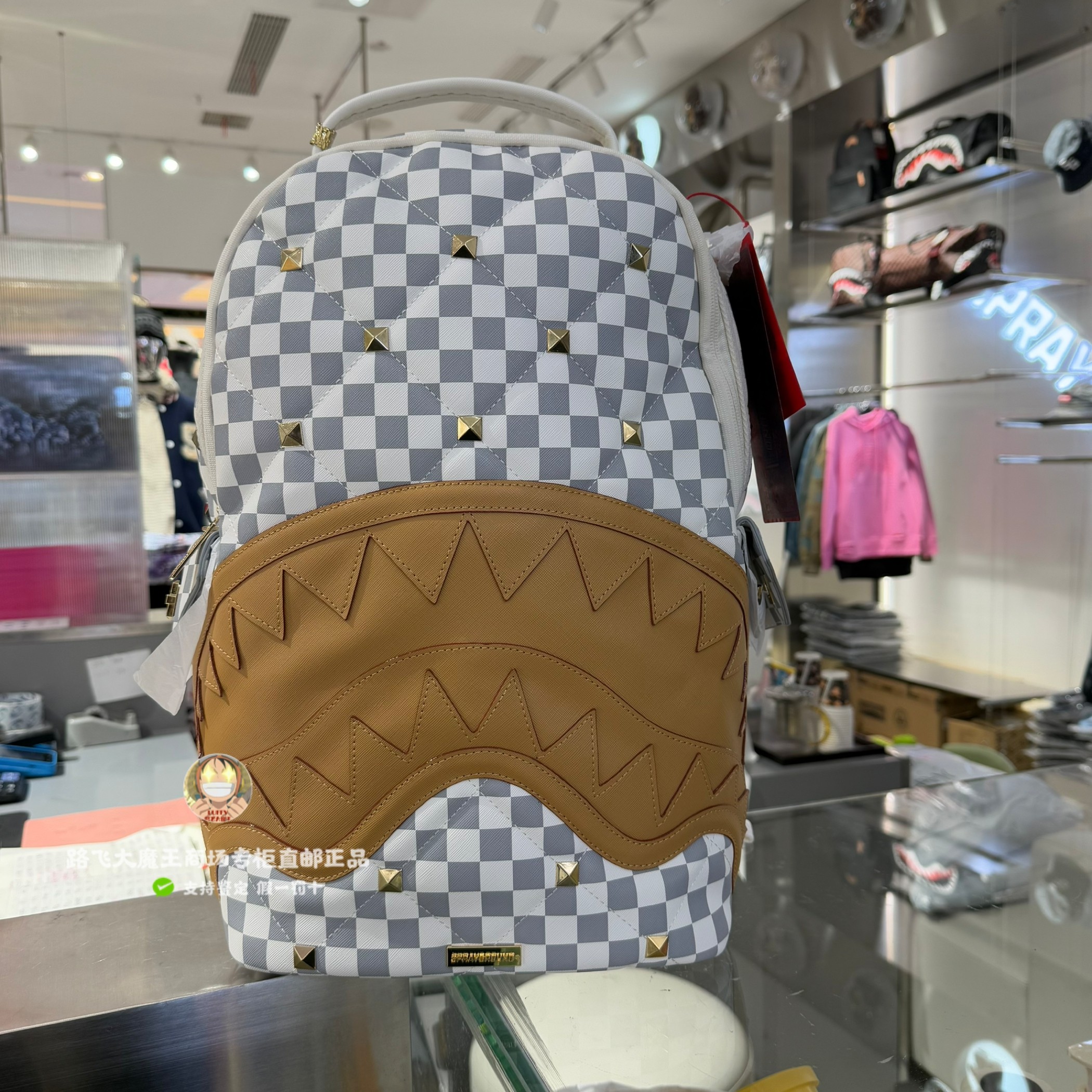 SprayGround专柜正品 鲨鱼新款W1215729棋盘格大容量双肩书包透明