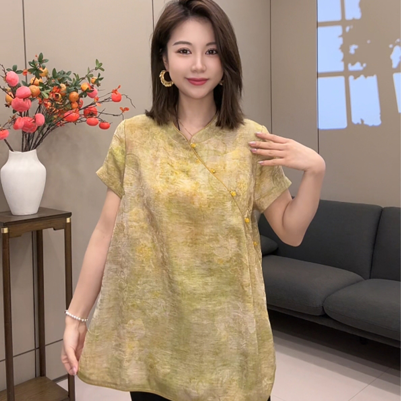 新中式国风印花盘扣短袖衬衫上衣