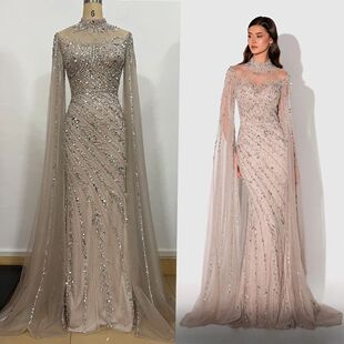 Nude Handmade Crystals Evening Dress With Sleeves Long Merma