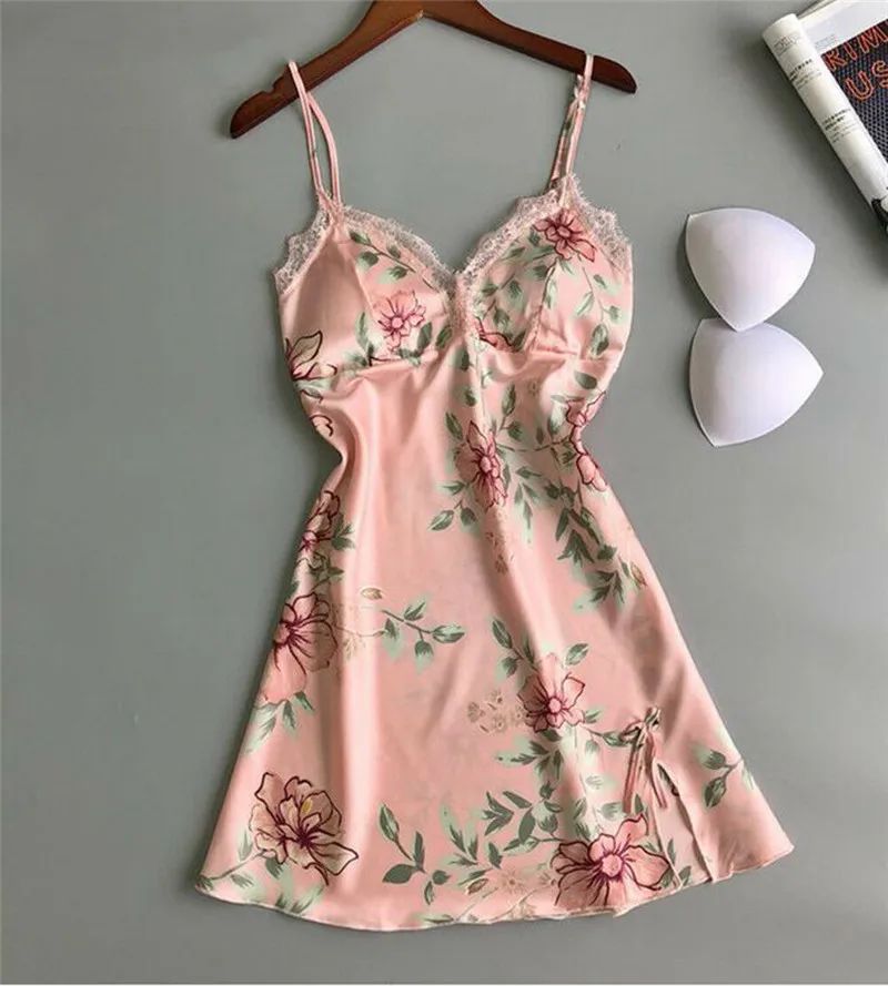 Floral Satin Silk Night Dress Women Sexy Bras V-Neck Gecelik