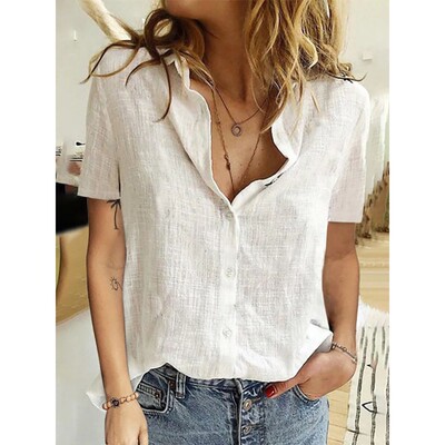 Summer Elegant Linen Oversized Shirts Short Sleeve Birds Pri