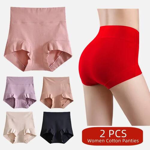 2pcs Women Cotton Panties High-Rise Tighten Abdomen Female U