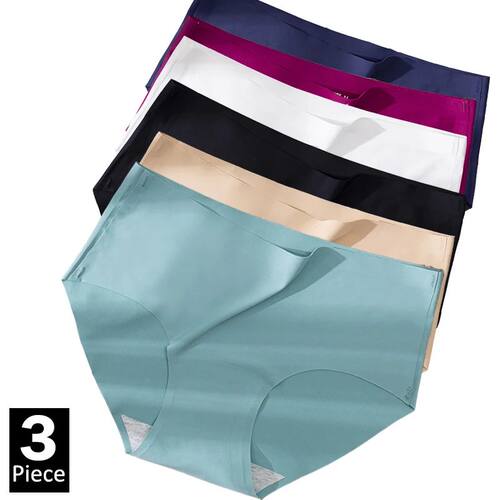 3Pcs Plus Size Underwear Women's Panties Ice Silk Solid Colo