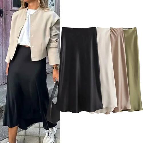 Willshela  Black Satin Skirt Woman High Waist Elegant Long S