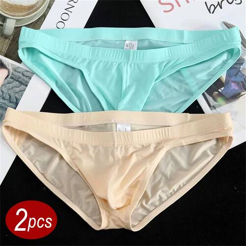 2Pcs Sexy Ice Silk Briefs Men Bulge Pouch Plus Size Underwea
