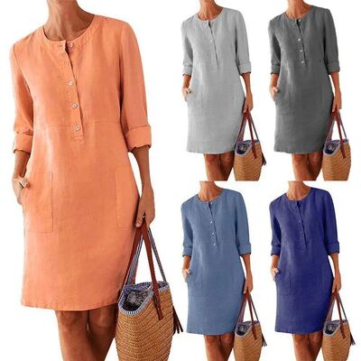 Women Casual Soild Long Sleeve Cotton And Linen Tunic Dress