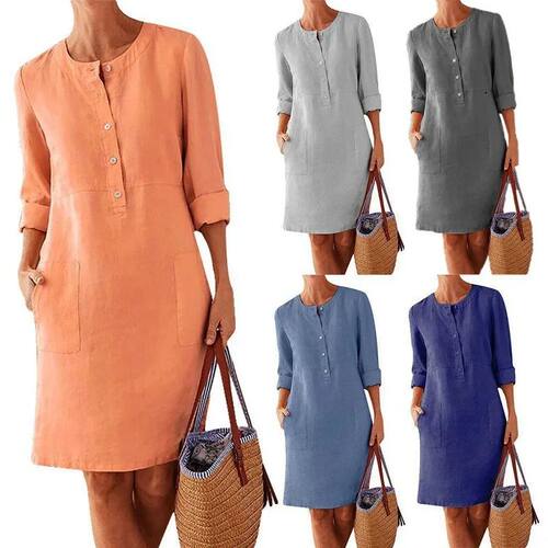 Women Casual Soild Long Sleeve Cotton And Linen Tunic Dress